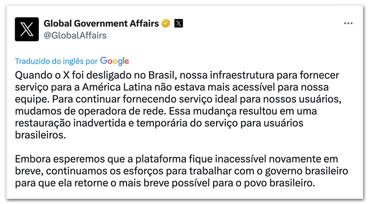 
Comunicado do X sobre o desbloqueio relâmpago da rede social. Rede social diz que está trabalhando para retornar "o mais breve possível" para o Brasil.