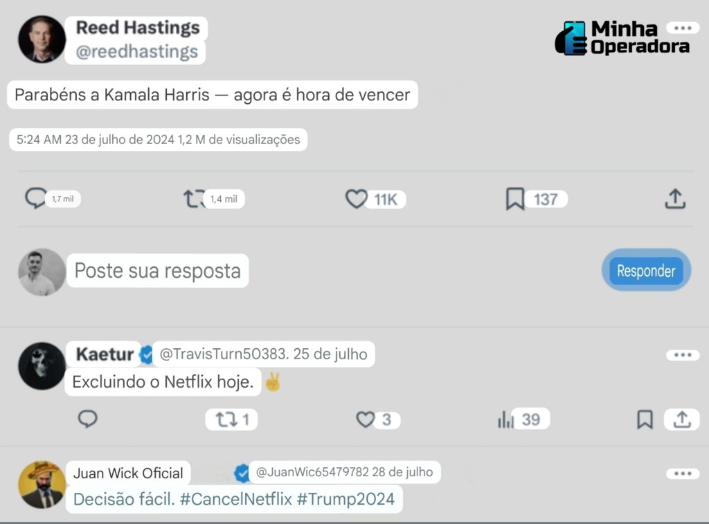 Publicação do fundador da Netflix apoiando Kamala Harris, traduzida para o português.