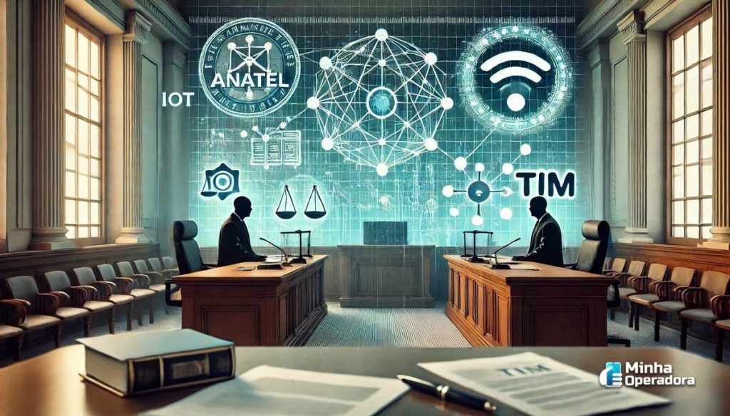 Sala de tribunal com tema digital representando uma disputa judicial entre Anatel e TIM. No centro, elementos visuais ligados a redes móveis, IoT e M2M, simbolizando a natureza tecnológica do caso. À esquerda, o símbolo da Anatel e, à direita, a marca da TIM. Dois advogados estão sentados frente a frente em mesas opostas, enquanto documentos e livros jurídicos aparecem em destaque nas mesas. Ao fundo, há um juiz presidindo a sessão, reforçando a seriedade da decisão judicial.