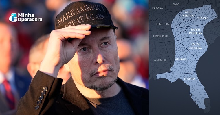 Elon Musk usando um boné "Make America Great Again", com um mapa ao lado destacando estados dos EUA como Carolina do Norte, Carolina do Sul e Flórida, relacionados à cobertura de serviços de emergência oferecidos pela Starlink após furacões Milton e Helene.