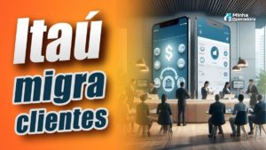 Ilustração representando a migração de clientes do Itaú, com pessoas interagindo em um ambiente moderno e digital, acompanhadas de dois smartphones gigantes exibindo aplicativos bancários na tela. À esquerda, destaca-se o texto "Itaú migra clientes" em cores chamativas sobre um fundo laranja.