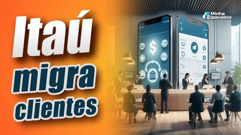 Ilustração representando a migração de clientes do Itaú, com pessoas interagindo em um ambiente moderno e digital, acompanhadas de dois smartphones gigantes exibindo aplicativos bancários na tela. À esquerda, destaca-se o texto "Itaú migra clientes" em cores chamativas sobre um fundo laranja.