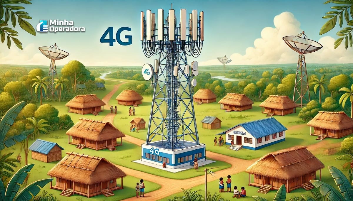 Ilustração que mostra uma torre de telecomunicações com antenas 4G instalada em uma área rural. Ao redor, há uma pequena vila indígena com casas de palha e uma escola pública com algumas crianças do lado de fora, simbolizando a inclusão digital. O céu está claro com algumas nuvens e há vegetação abundante ao redor, com estradas de terra ligando as estruturas.