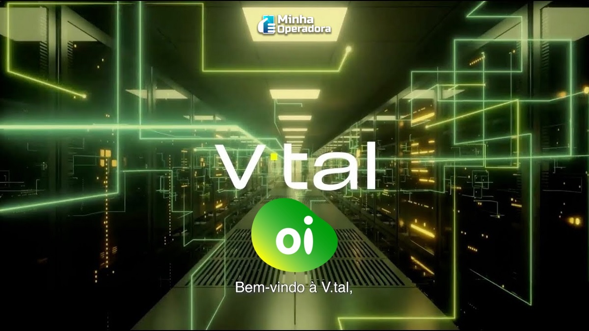 Imagem mostrando o logotipo da V.tal e da Oi, com um fundo que parece ser um centro de dados iluminado com linhas tecnológicas verdes e amarelas, representando a transição da Oi Fibra para a V.tal.