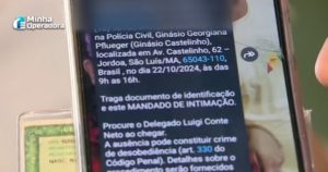 Tela de um celular exibindo uma mensagem de intimação da Polícia Civil, direcionada a uma pessoa em São Luís, Maranhão. O texto informa que o destinatário deve comparecer ao Ginásio Georgiana Pflueger (conhecido como Castelinho), localizado na Av. Castelinho, 62, no bairro Jordoa, São Luís/MA, no dia 22 de outubro de 2024, das 9h às 16h. A mensagem solicita que o intimado leve um documento de identificação junto com o mandado de intimação e procure o delegado Luigi Conte ao chegar. Além disso, o texto alerta que a ausência pode constituir crime de desobediência, conforme o artigo 330 do Código Penal.