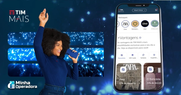 Uma imagem promocional do programa TIM Mais. À esquerda, uma mulher sorridente segura um smartphone. No fundo, há luzes azuis que parecem tecnologia em movimento. À direita, há uma tela de um celular exibindo o aplicativo Meu TIM, com destaque para as vantagens do TIM Mais, como descontos de 25% em lojas parceiras como Zara e O Boticário. No canto superior esquerdo, está o logotipo do TIM Mais, e no canto inferior esquerdo, o logotipo do site "Minha Operadora".