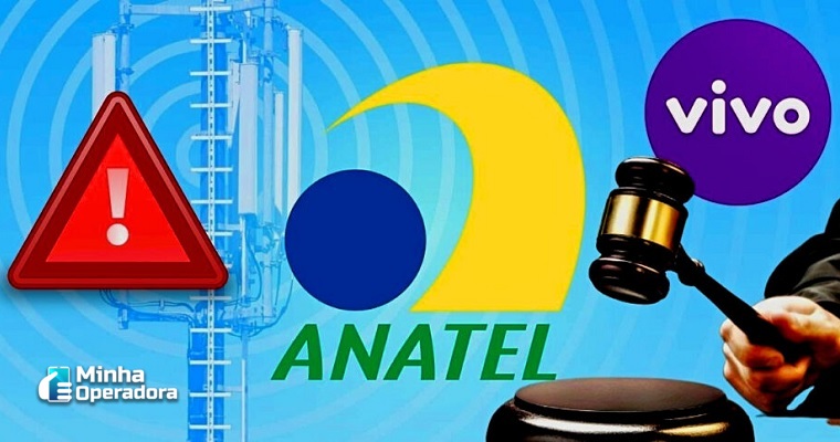 Ilustração sobre o fim da concessão da Vivo com a Anatel, contendo o logotipo da Anatel, o símbolo da Vivo e um martelo de juiz, sugerindo decisões judiciais ou regulatórias. Também há um ícone de alerta vermelho indicando atenção para o tema abordado.