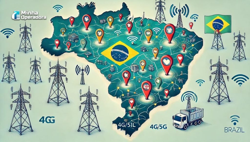 Ilustração representando um leilão de telecomunicações no Brasil, com expansão da cobertura móvel e internet em regiões rurais e remotas. Mostra torres de comunicação, antenas 4G/5G e pins no mapa do Brasil, simbolizando a instalação de infraestrutura em áreas subatendidas, destacando a conectividade digital.