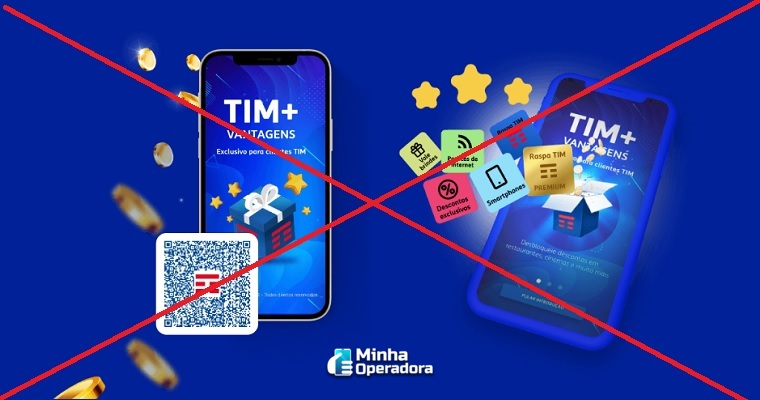 Imagem de divulgação do aplicativo TIM Mais Vantagens com celulares exibindo prêmios, descontos e bônus em um fundo azul. Uma marcação em vermelho em forma de 'X' atravessa a imagem, indicando o fim do programa.